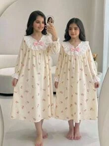 SHEIN Tween Girl Woven Floral Patchwork Contrast Color Lace Ruffle Casual Dress Loungewear - Multicolor - View 3