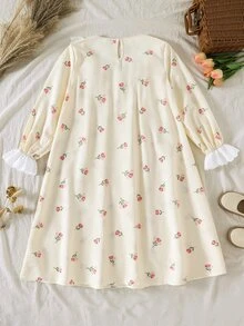 SHEIN Tween Girl Woven Floral Patchwork Contrast Color Lace Ruffle Casual Dress Loungewear - Multicolor - View 7
