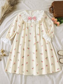 SHEIN Tween Girl Woven Floral Patchwork Contrast Color Lace Ruffle Casual Dress Loungewear - Multicolor - View 5