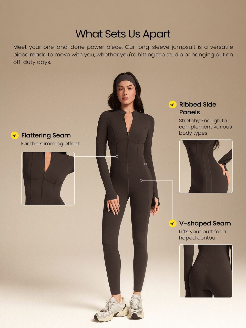 24" ButterFit Glow Giver Soft Breathable Sweat-Wicking Front Zipper Thumbholes Deep V-Back Seams Removable Cups Long-Sleeve Jumpsuit Spring