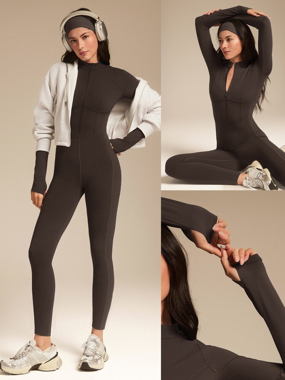24" ButterFit Glow Giver Soft Breathable Sweat-Wicking Front Zipper Thumbholes Deep V-Back Seams Removable Cups Long-Sleeve Jumpsuit Spring