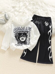 SHEIN 兒童小男孩秋季新款休閒簡約寬鬆舒適加厚連帽衛衣褲 2件套，適合秋冬，男孩套裝 - 黑與白 - 查看 3