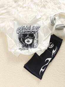 SHEIN 兒童小男孩秋季新款休閒簡約寬鬆舒適加厚連帽衛衣褲 2件套，適合秋冬，男孩套裝 - 黑與白 - 查看 2