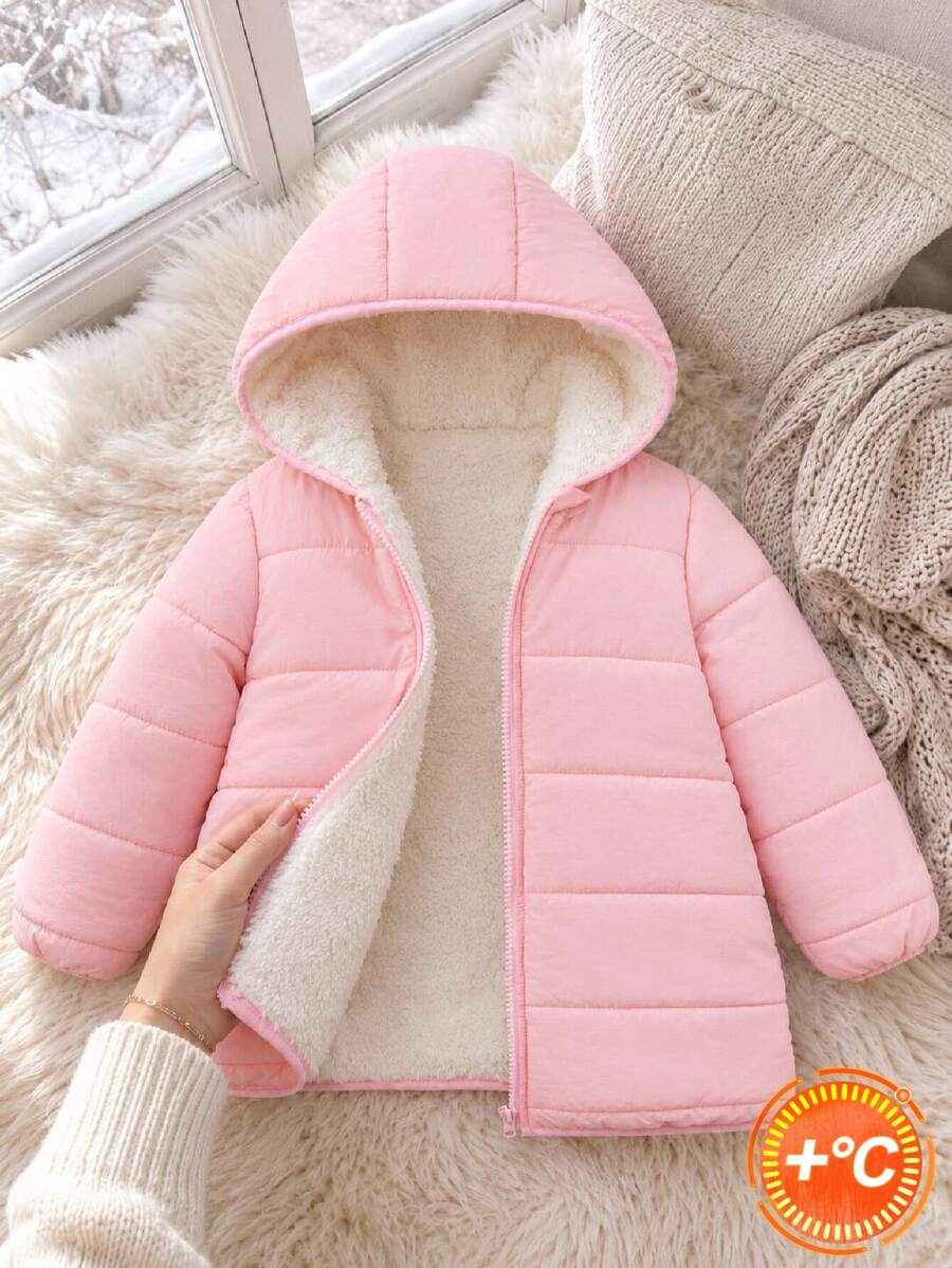 Young Girls Hooded Loose Winter Coats, Long Sleeve Top, Fall, Autumn, Winter Pink Fleece And Thickened