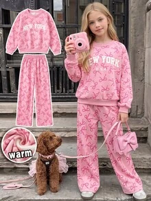 SHEIN Sparklyn 青少年女孩運動衫套裝 長袖綠色羅紋袖口下擺領口側邊飾帶蝴蝶結彈性腰長褲 粉色側邊飾帶 休閒百搭 適合秋冬戶外購物度假通勤穿著 可搭配棉墊外套 - 粉色 - 查看 5