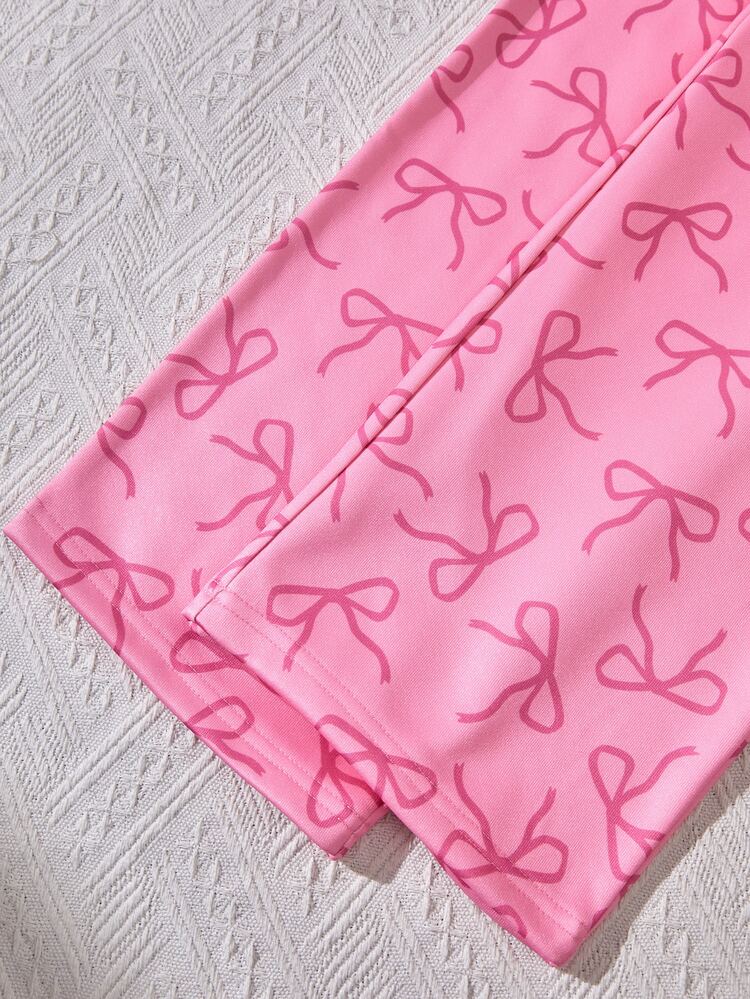 SHEIN Sparklyn 青少年女孩運動衫套裝 長袖綠色羅紋袖口下擺領口側邊飾帶蝴蝶結彈性腰長褲 粉色側邊飾帶 休閒百搭 適合秋冬戶外購物度假通勤穿著 可搭配棉墊外套 - 粉色 - 查看 15
