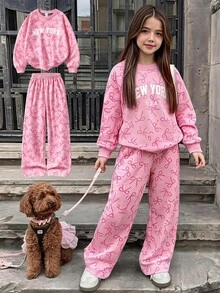 SHEIN Sparklyn 青少年女孩運動衫套裝 長袖綠色羅紋袖口下擺領口側邊飾帶蝴蝶結彈性腰長褲 粉色側邊飾帶 休閒百搭 適合秋冬戶外購物度假通勤穿著 可搭配棉墊外套 - 粉色 - 查看 4