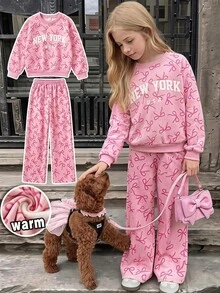 SHEIN Sparklyn 青少年女孩運動衫套裝 長袖綠色羅紋袖口下擺領口側邊飾帶蝴蝶結彈性腰長褲 粉色側邊飾帶 休閒百搭 適合秋冬戶外購物度假通勤穿著 可搭配棉墊外套 - 粉色 - 查看 3