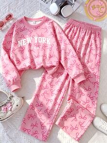 SHEIN Sparklyn 青少年女孩運動衫套裝 長袖綠色羅紋袖口下擺領口側邊飾帶蝴蝶結彈性腰長褲 粉色側邊飾帶 休閒百搭 適合秋冬戶外購物度假通勤穿著 可搭配棉墊外套 - 粉色 - 查看 2