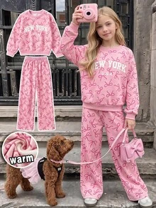 SHEIN Sparklyn 青少年女孩運動衫套裝 長袖綠色羅紋袖口下擺領口側邊飾帶蝴蝶結彈性腰長褲 粉色側邊飾帶 休閒百搭 適合秋冬戶外購物度假通勤穿著 可搭配棉墊外套 - 粉色 - 查看 10