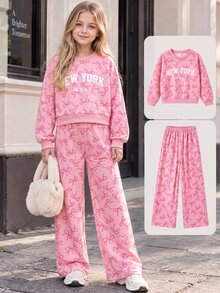 SHEIN Sparklyn 青少年女孩運動衫套裝 長袖綠色羅紋袖口下擺領口側邊飾帶蝴蝶結彈性腰長褲 粉色側邊飾帶 休閒百搭 適合秋冬戶外購物度假通勤穿著 可搭配棉墊外套 - 粉色 - 查看 8