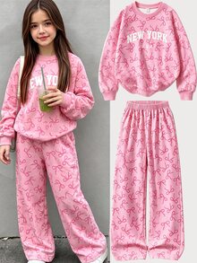 SHEIN Sparklyn 青少年女孩運動衫套裝 長袖綠色羅紋袖口下擺領口側邊飾帶蝴蝶結彈性腰長褲 粉色側邊飾帶 休閒百搭 適合秋冬戶外購物度假通勤穿著 可搭配棉墊外套 - 粉色 - 查看 6