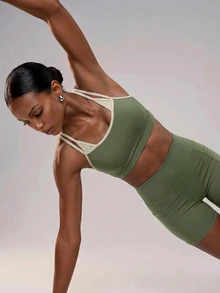 Zivah Women's Colorblock 2-In-1 Cropped Tank Top & Fitted Shorts Sportswear Set, All Season Athletic Gym Workout Running Activewear - Green - View 9