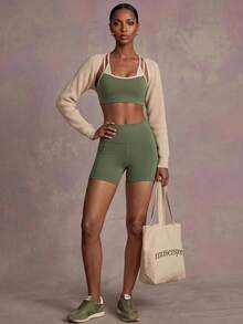 Zivah Women's Colorblock 2-In-1 Cropped Tank Top & Fitted Shorts Sportswear Set, All Season Athletic Gym Workout Running Activewear - Green - View 10