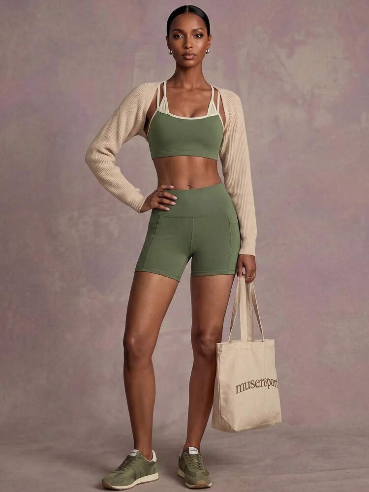 Zivah Women's Colorblock 2-In-1 Cropped Tank Top & Fitted Shorts Sportswear Set, All Season Athletic Gym Workout Running Activewear - Green - View 9