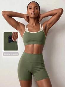 Zivah Women's Colorblock 2-In-1 Cropped Tank Top & Fitted Shorts Sportswear Set, All Season Athletic Gym Workout Running Activewear - Green - View 4