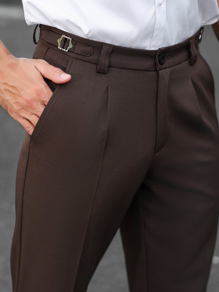 Manfinity Mode Men's Classic Mature Tapered Suit Pants, Versatile All-Season Business Trousers With Creased Center Line And Double Pleats, Brown Wrinkle-Resistant Long Pants, Formal, Old Money - Coffee Brown - View 5