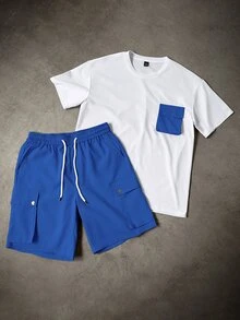 Manfinity Homme Men's Summer Casual Contrast Color Pocket T-Shirt And Cargo Shorts Set - Multicolor - View 3