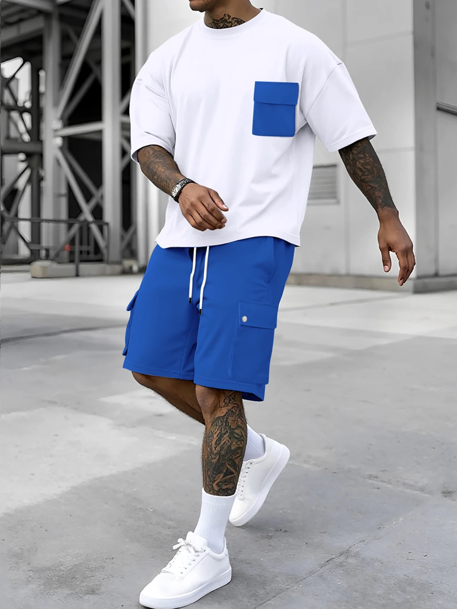 Manfinity Homme Men's Summer Casual Contrast Color Pocket T-Shirt And Cargo Shorts Set - Multicolor - View 1