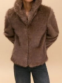 Nöista Brown Faux Fur Jacket With Collar, Long Sleeves Inner Opening. Fall, Winter, Outerwear, Christmas, Going Out, Formal Event, Day To Night, Halloween. - Brown - View 5