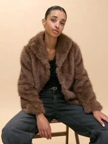 Nöista Brown Faux Fur Jacket With Collar, Long Sleeves Inner Opening. Fall, Winter, Outerwear, Christmas, Going Out, Formal Event, Day To Night, Halloween. - Brown - View 4