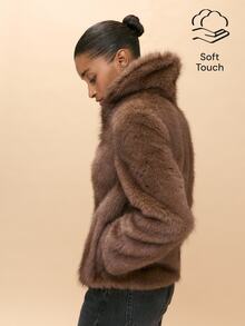 Nöista Brown Faux Fur Jacket With Collar, Long Sleeves Inner Opening. Fall, Winter, Outerwear, Christmas, Going Out, Formal Event, Day To Night, Halloween. - Brown - View 1