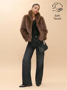 Nöista Brown Faux Fur Jacket With Collar, Long Sleeves Inner Opening. Fall, Winter, Outerwear, Christmas, Going Out, Formal Event, Day To Night, Halloween. - Brown - View 3