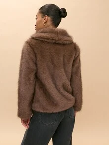 Nöista Brown Faux Fur Jacket With Collar, Long Sleeves Inner Opening. Fall, Winter, Outerwear, Christmas, Going Out, Formal Event, Day To Night, Halloween. - Brown - View 6