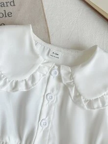 SHEIN 2件組幼女上衣與長褲套裝，甜美學院風，白色海軍藍花卉蕾絲荷葉邊扇形邊長袖翻領常規版，適合派對、秋季、假期、生日女孩穿著 - 藍色 - 查看 8