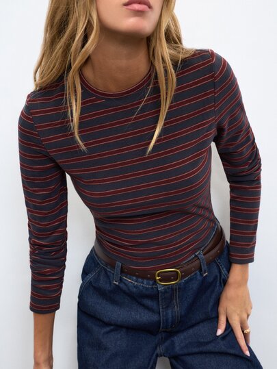 Nöista Navy Striped Long-Sleeve Top With Round Neck, Warm Fabric. Fall, Winter, Back To School, University, T-Shirt, Brunch, Day To Night.