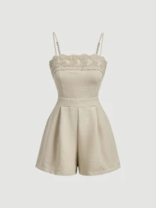 Skyraze Women Flower Lace Trim Square Neck Sleeveless Short Apricot Cute Elegant Romper For Vacation Going Out Birthday Homecoming Fall - Apricot - View 2