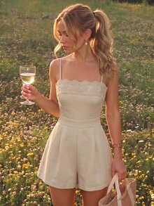 Skyraze Women Flower Lace Trim Square Neck Sleeveless Short Apricot Cute Elegant Romper For Vacation Going Out Birthday Homecoming Fall - Apricot - View 7