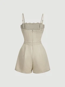 Skyraze Women Flower Lace Trim Square Neck Sleeveless Short Apricot Cute Elegant Romper For Vacation Going Out Birthday Homecoming Fall - Apricot - View 3