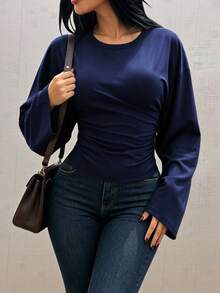 INAWLY Solva 女款極簡休閒度假風抓皺腰長袖上衣，海軍藍，秋季日常穿搭 - 藏蓝色 - 查看 3