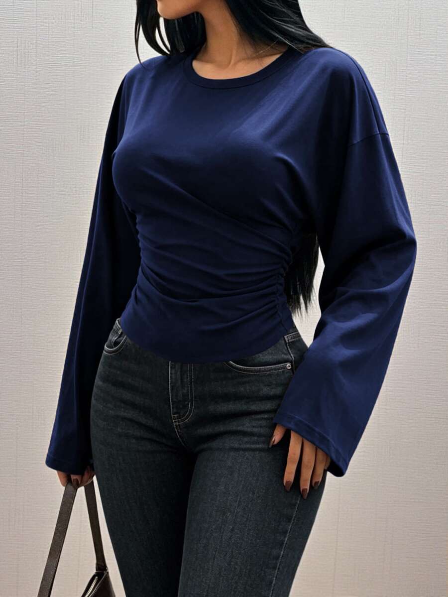 INAWLY Solva 女款極簡休閒度假風抓皺腰長袖上衣,海軍藍,秋季日常穿搭 - 藏蓝色 - 查看 1