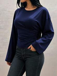 INAWLY Solva 女款極簡休閒度假風抓皺腰長袖上衣，海軍藍，秋季日常穿搭 - 藏蓝色 - 查看 4