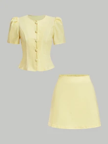 SHEIN MOD Women Solid Round Neck Gigot Sleeve Button Front Short Sleeve Yellow Sweet Cute Elegant Two Pieces Mini Skirt Set Vacation Spring Autumn Winter - Pale Yellow - View 2