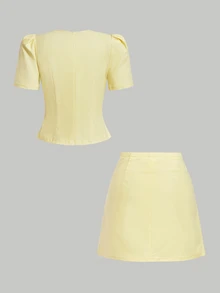 SHEIN MOD Women Solid Round Neck Gigot Sleeve Button Front Short Sleeve Yellow Sweet Cute Elegant Two Pieces Mini Skirt Set Vacation Spring Autumn Winter - Pale Yellow - View 10