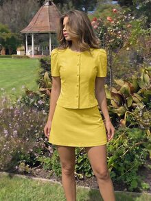 SHEIN MOD Women Solid Round Neck Gigot Sleeve Button Front Short Sleeve Yellow Sweet Cute Elegant Two Pieces Mini Skirt Set Vacation Spring Autumn Winter - Pale Yellow - View 12