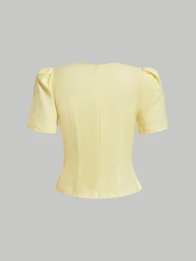 SHEIN MOD Women Solid Round Neck Gigot Sleeve Button Front Short Sleeve Yellow Sweet Cute Elegant Two Pieces Mini Skirt Set Vacation Spring Autumn Winter - Pale Yellow - View 7