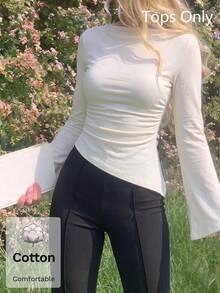 SHEIN MOD 女款純棉圓領抽褶喇叭袖收腰不對稱下擺奶油白百搭T恤，適合早午餐、秋季休閒優雅極簡風 - 杏色 - 查看 4
