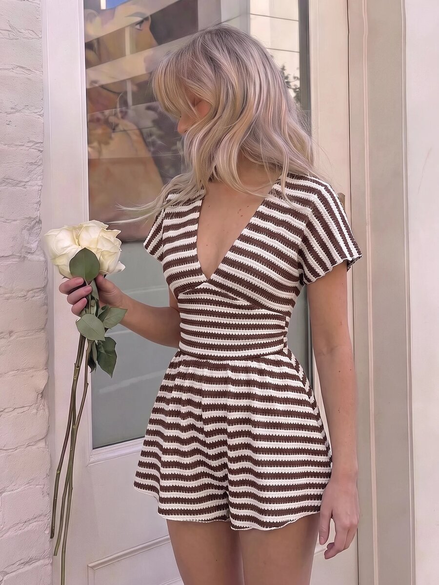SHEIN MOD Women Striped Deep V Neck Short Sleeve High Waist Knit Brown White Casual Cute Romper Vacation Spring Summer - Multicolor - View 1