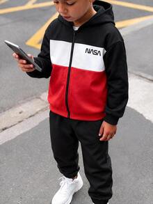 SHEIN 1pc Kids Tween Boy Casual Street Style Letter Print Zip-Up Sweatshirt, Comfortable Soft Fabric, Grey, Autumn/Winter Back To School - Black - View 4