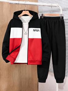 SHEIN 1pc Kids Tween Boy Casual Street Style Letter Print Zip-Up Sweatshirt, Comfortable Soft Fabric, Grey, Autumn/Winter Back To School - Black - View 5