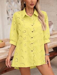 SHEIN LUNE Women's Casual Vacation Style Solid Color Schiffy Loose Drop Shoulder Shirt, Spring/Summer - Yellow - View 5