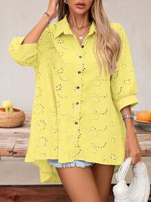 SHEIN LUNE Women's Casual Vacation Style Solid Color Schiffy Loose Drop Shoulder Shirt, Spring/Summer - Yellow - View 4