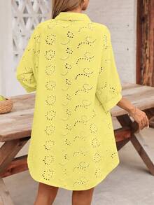 SHEIN LUNE Women's Casual Vacation Style Solid Color Schiffy Loose Drop Shoulder Shirt, Spring/Summer - Yellow - View 3