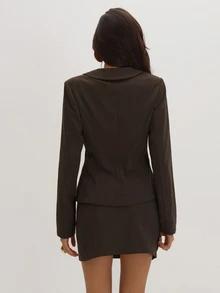 MUSEYN Brown Woven Cinched Shoulder Pad Knot Fasten Wide Collar Blazer Classy Date Night Chic Evening Fall - Coffee Brown - View 5