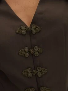 MUSEYN Brown Woven Cinched Shoulder Pad Knot Fasten Wide Collar Blazer Classy Date Night Chic Evening Fall - Coffee Brown - View 6