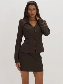 MUSEYN Brown Woven Cinched Shoulder Pad Knot Fasten Wide Collar Blazer Classy Date Night Chic Evening Fall - Coffee Brown - View 1